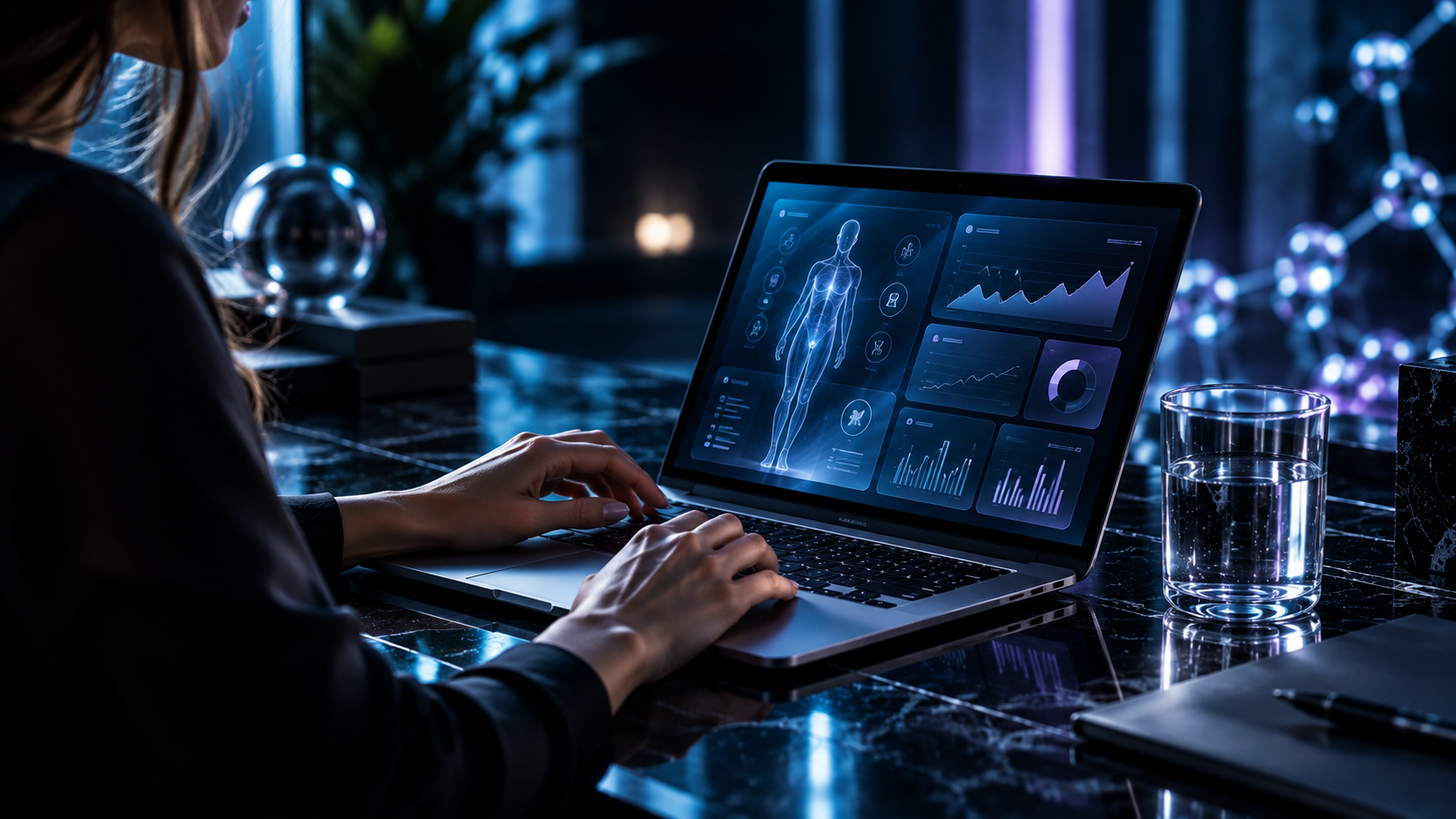 Person completing a secure online health intake on a laptop at a dark desk, health dashboard on screen