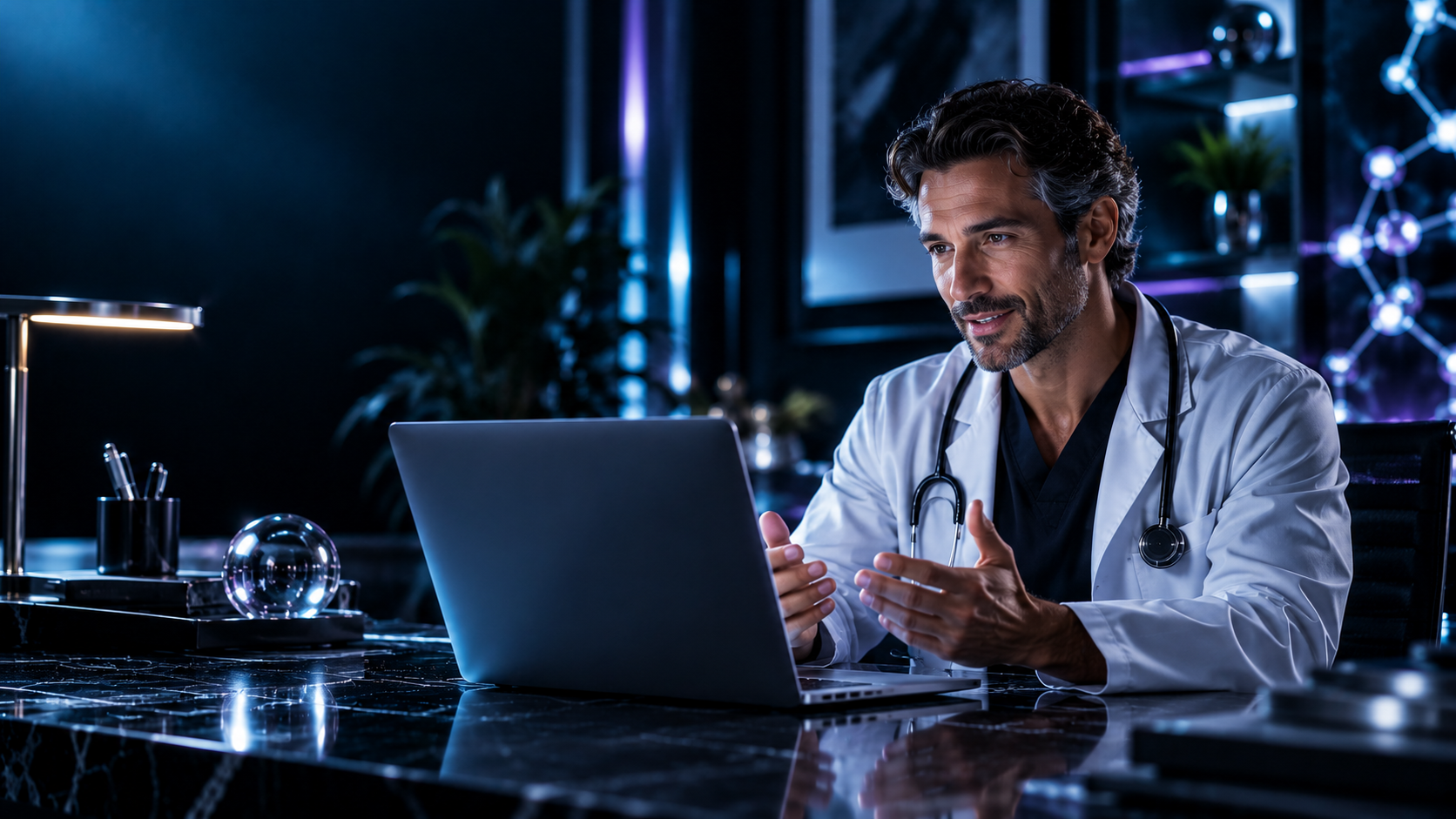 Licensed U.S. medical doctor speaking during an online video consultation from his office