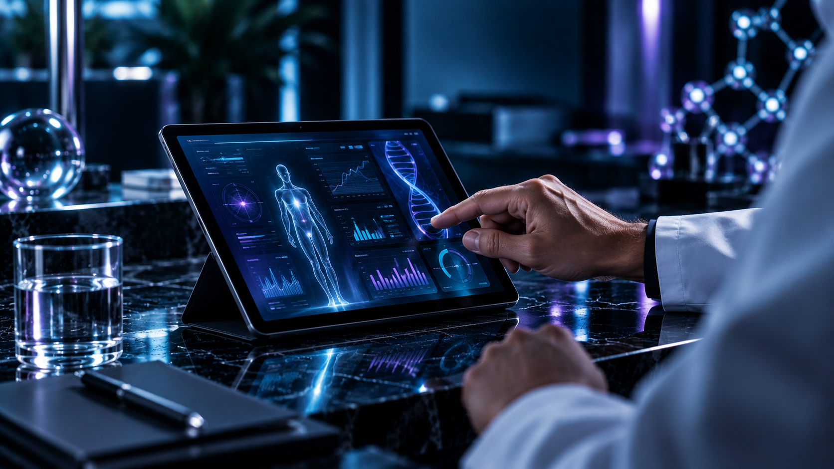 Clinician in a white coat reviewing a personalized health dashboard on a tablet in a dark clinic